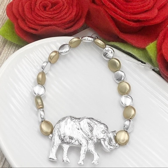 🌼 Elephant Theme 2-Tone Gold Silver Beaded Stretch Bracelet - Picture 1 of 2